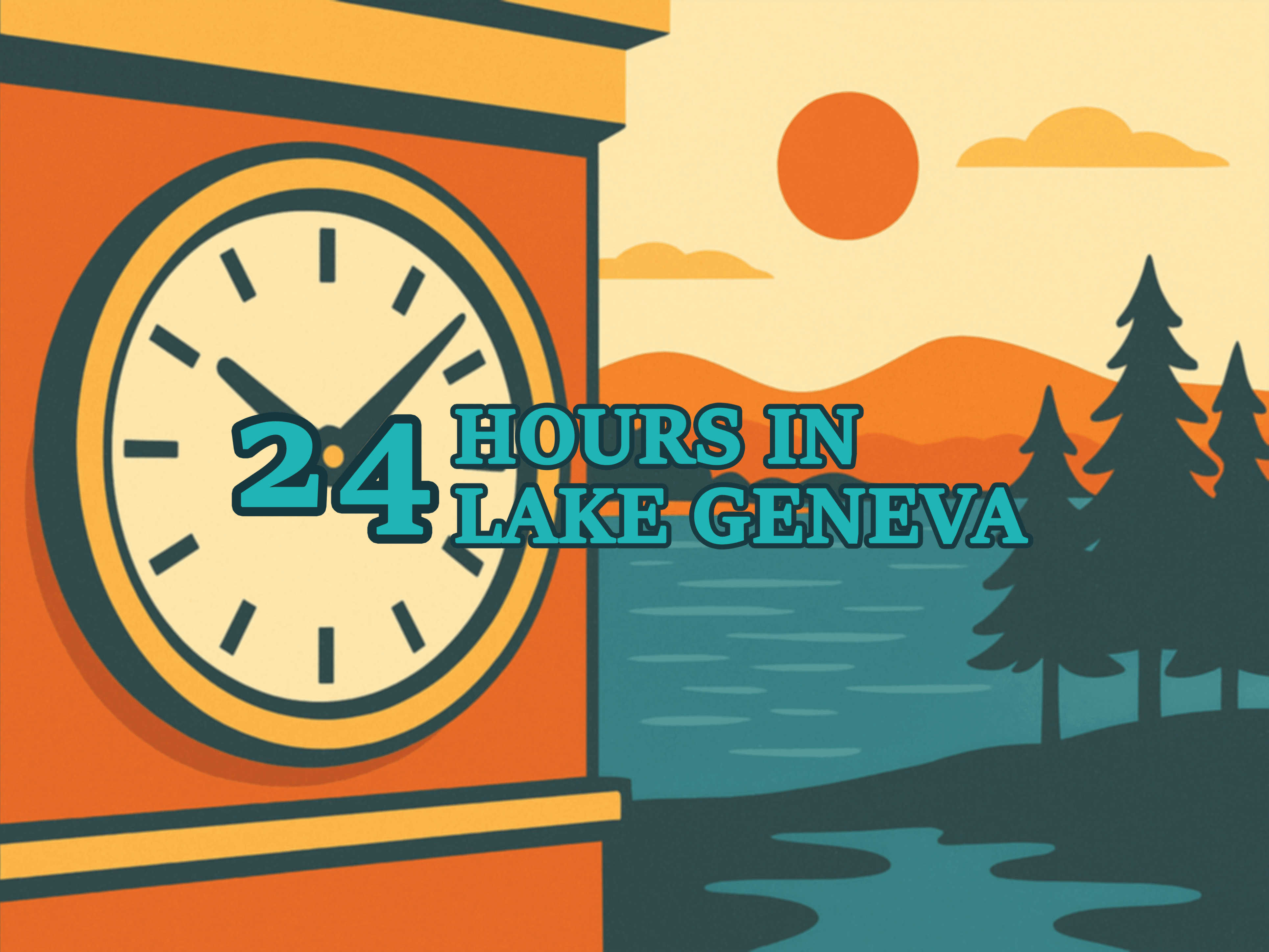 Illustration showing a clock and nature scene titled '24 Hours in Lake Geneva'.