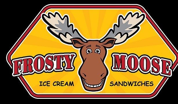 Logo of Frosty Moose Ice Cream and Sandwiches with a cartoon moose.