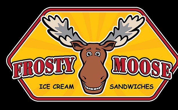 Logo of Frosty Moose Ice Cream and Sandwiches with a cartoon moose.