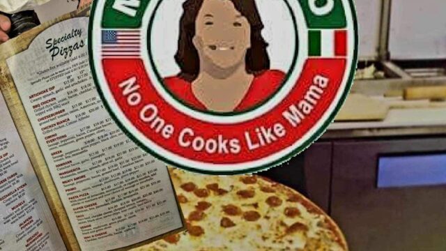 Logo of Mama Cimino's pizza with slogan and pizza slice.