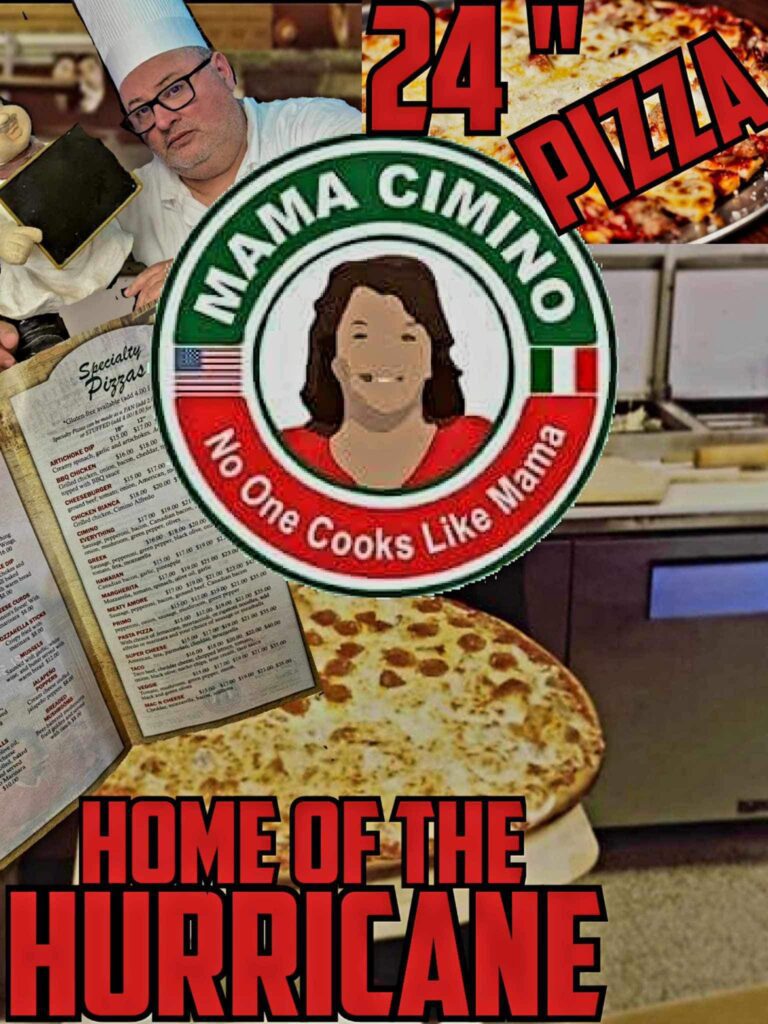 Logo of Mama Cimino's pizza with slogan and pizza slice.
