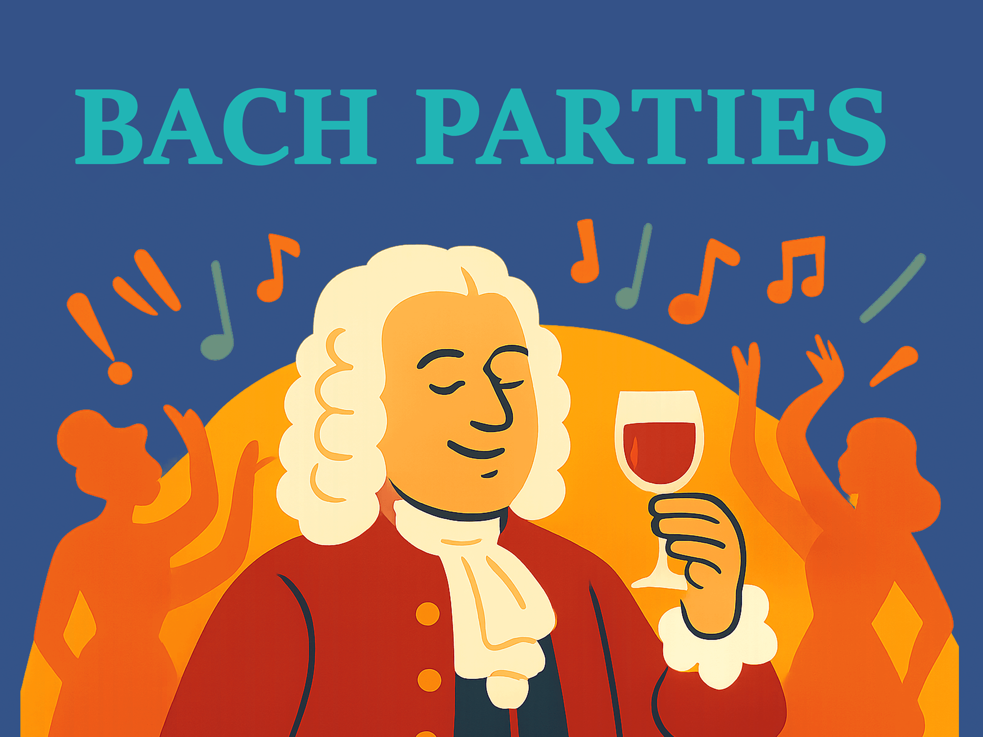 Illustration of Bach enjoying a Bach party with music and wine.