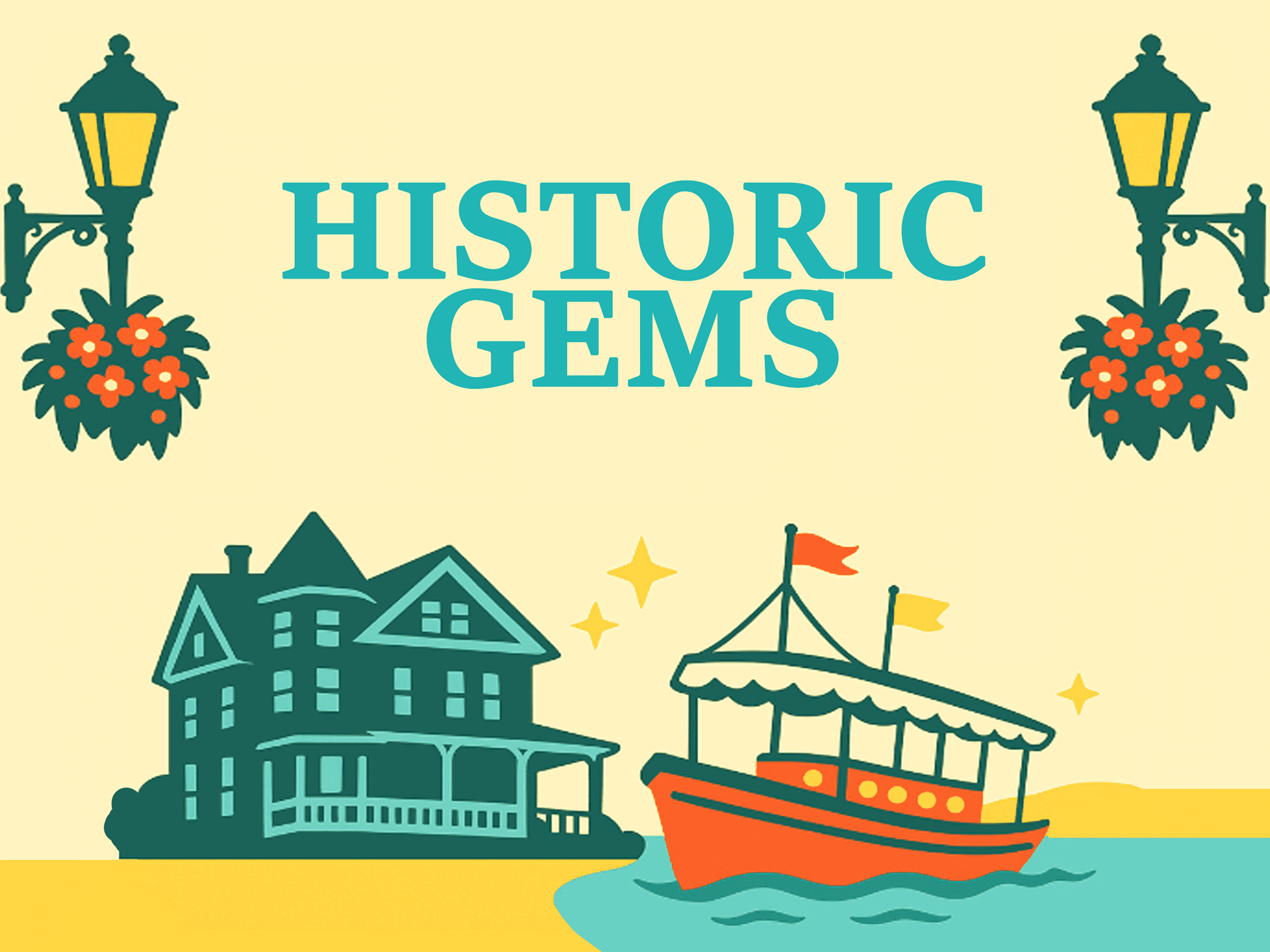 Illustration of a historic house and a boat under the title 'Historic Gems'.