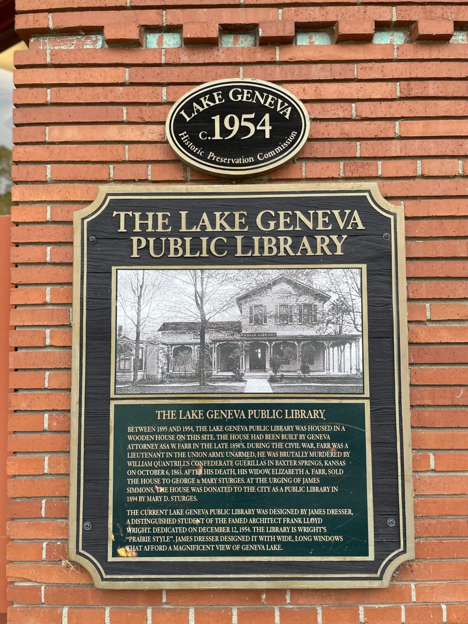 Historical plaque for the Lake Geneva Public Library established in 1954.
