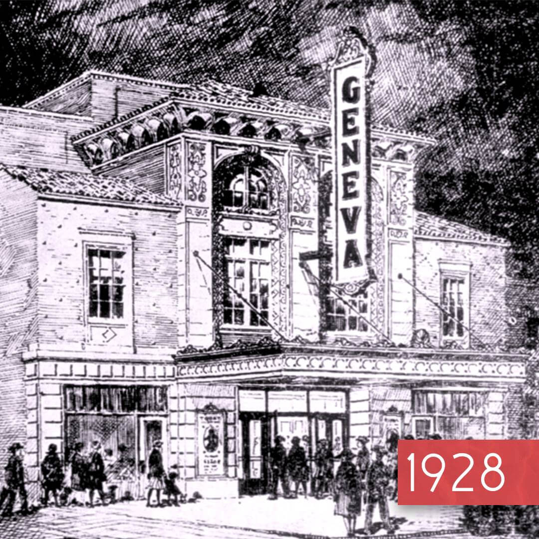 Vintage theater illustration with "Geneva" sign, 1928.
