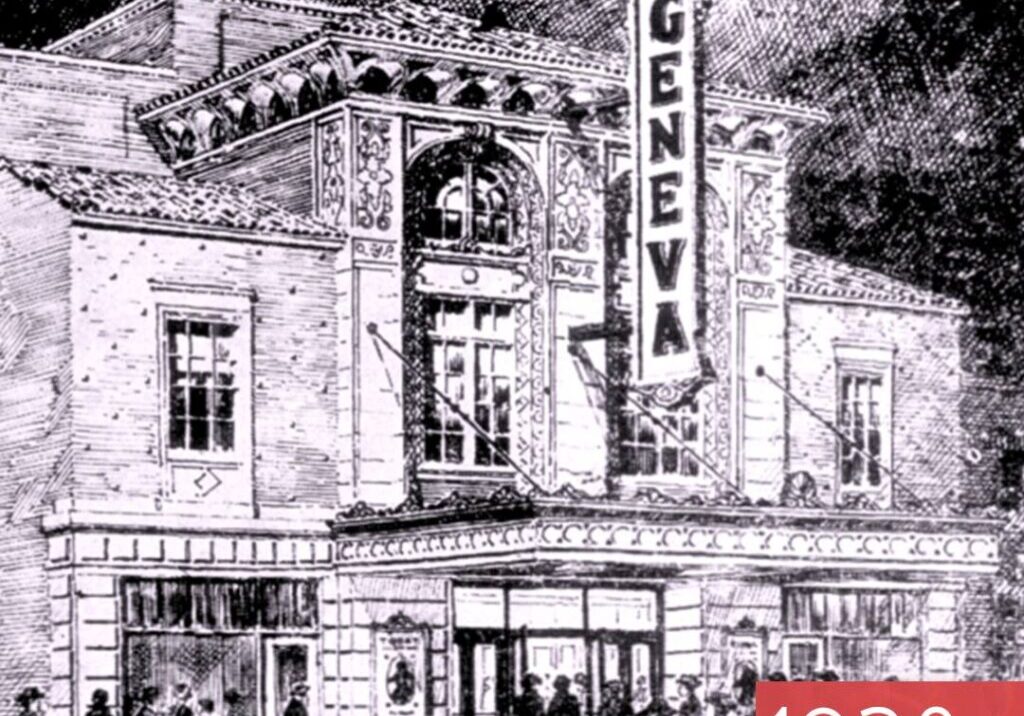 Vintage theater illustration with "Geneva" sign, 1928.